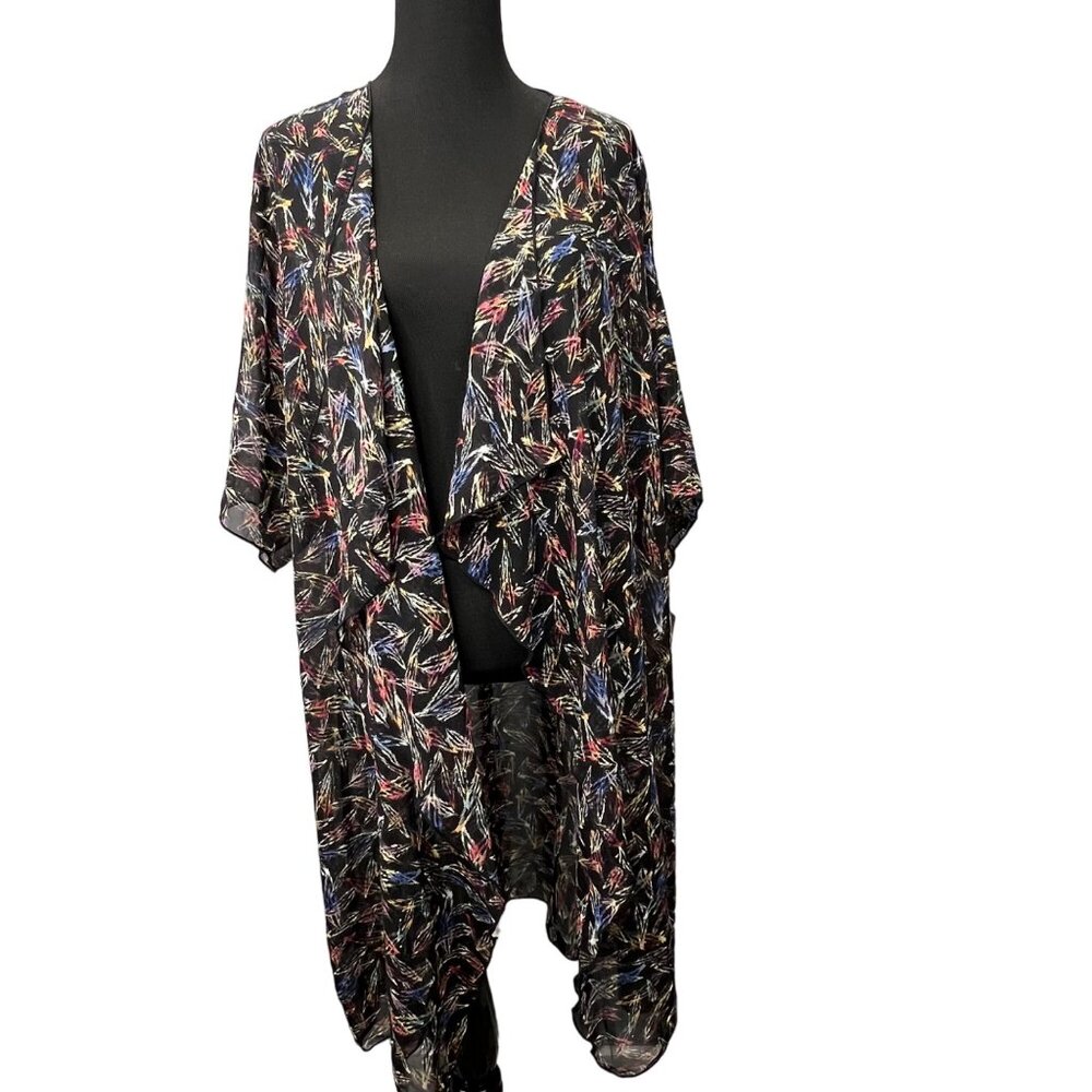 Lularoe Shirley Kimono Cardigan Wrap Duster size L Black Feather Print Sheer NWT